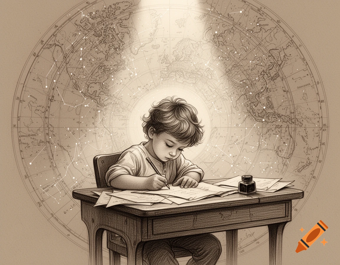 A sepia-toned sketch of a young child diligently writing at a wooden school desk, with a detailed vintage world map and constellations in the background.