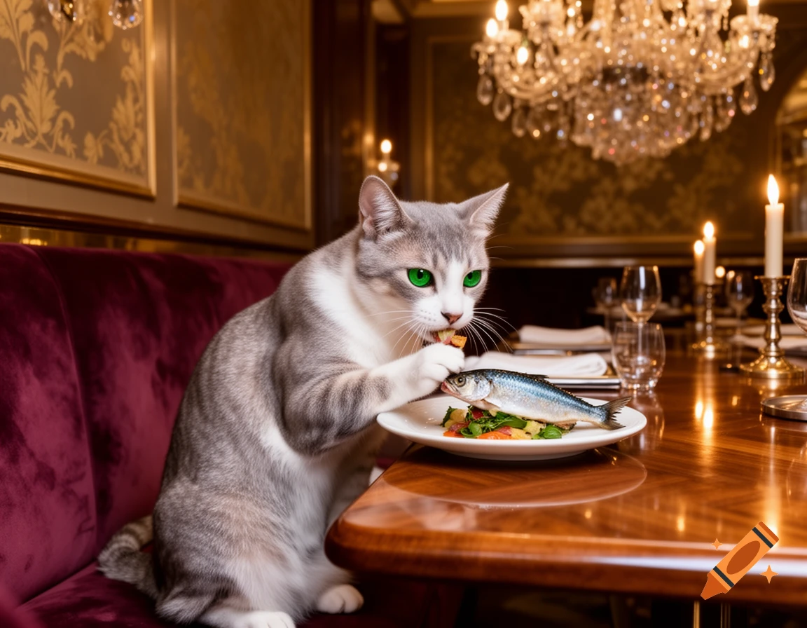 A grey and white tabby cat with bright green eyes sits at a luxurious restaurant table, eating a whole fish from a plate.