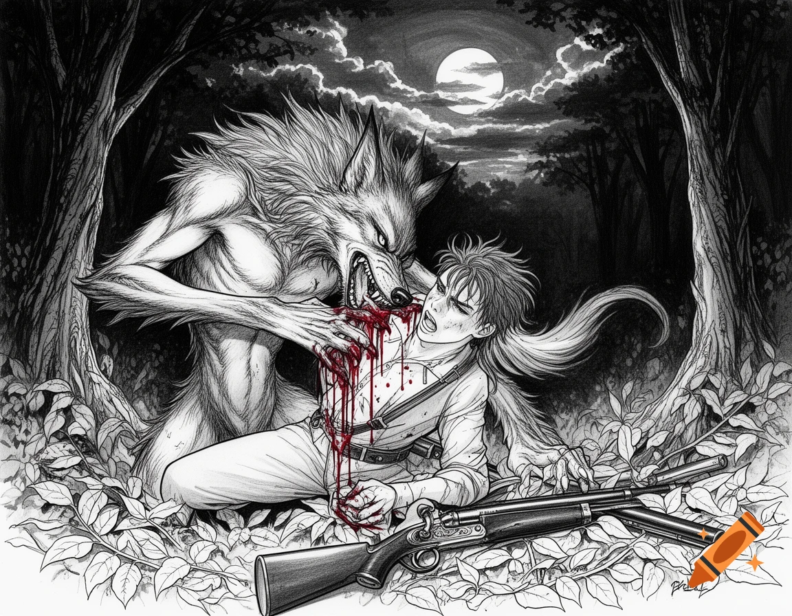 A black-and-white ink sketch depicts a fierce werewolf biting the shoulder of a young huntsman, bleeding in a dark forest under a full moon.