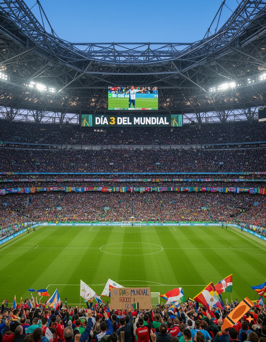 A packed soccer stadium during a game, with a large screen displaying "DÍA 3 DEL MUNDIAL" and a player. Spectators wave flags.