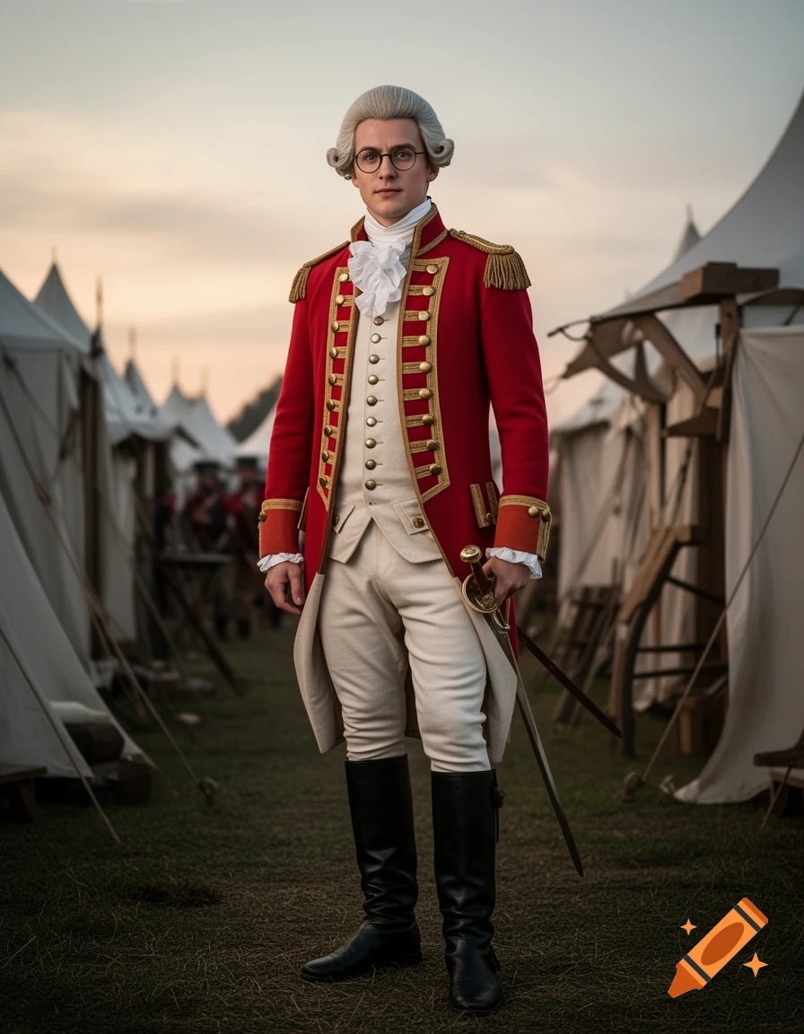 A man in a red and gold 1775 British Redcoat officer uniform, white wig, and glasses stands with a sword in a military camp.