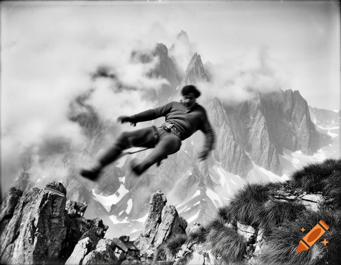 A black and white vintage photograph shows a man in mid-air, appearing to fall or jump, against a backdrop of cloudy, rugged mountains.