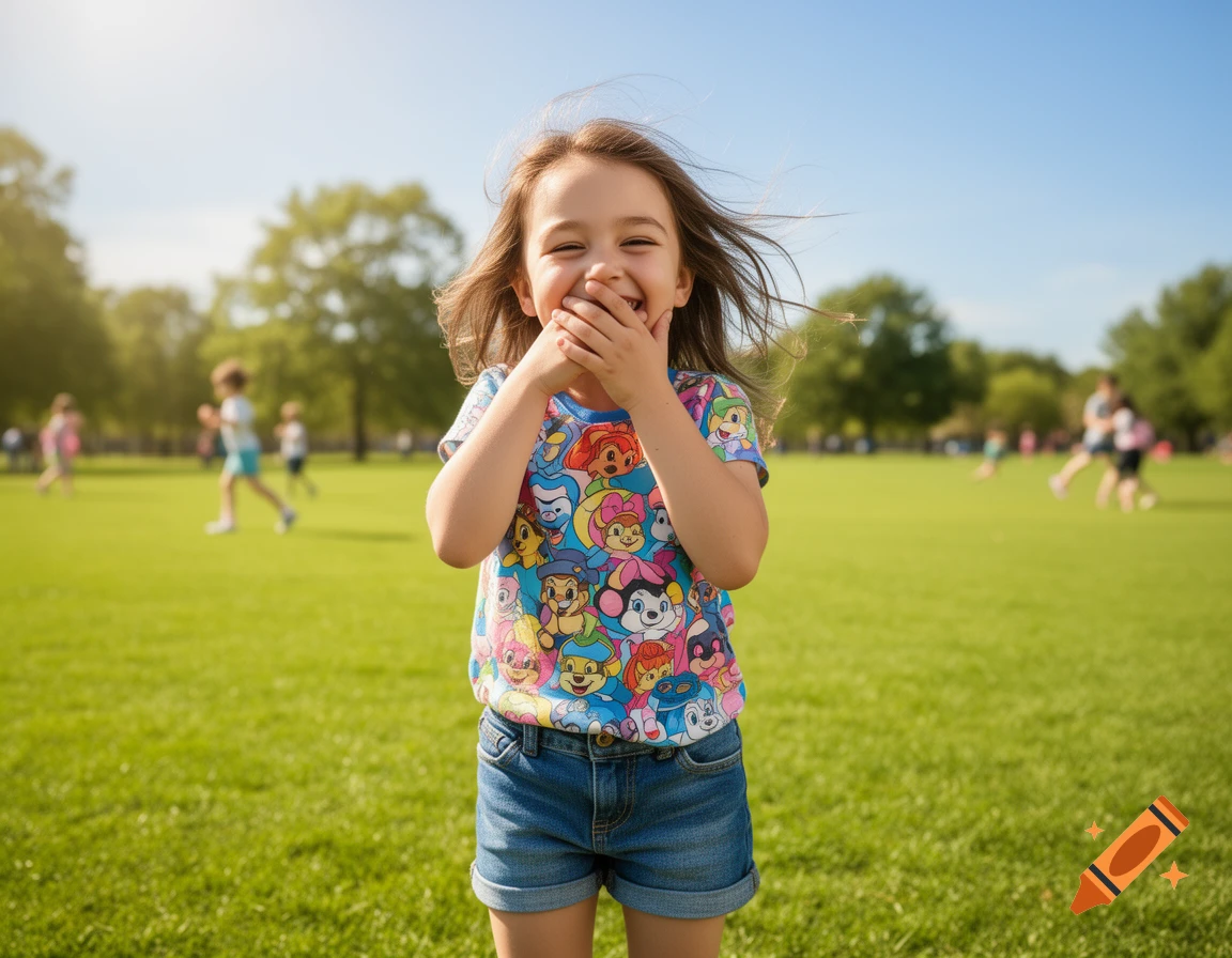 A happy young girl in a colorful cartoon t-shirt laughs, covering her mouth, in a sunny green park.