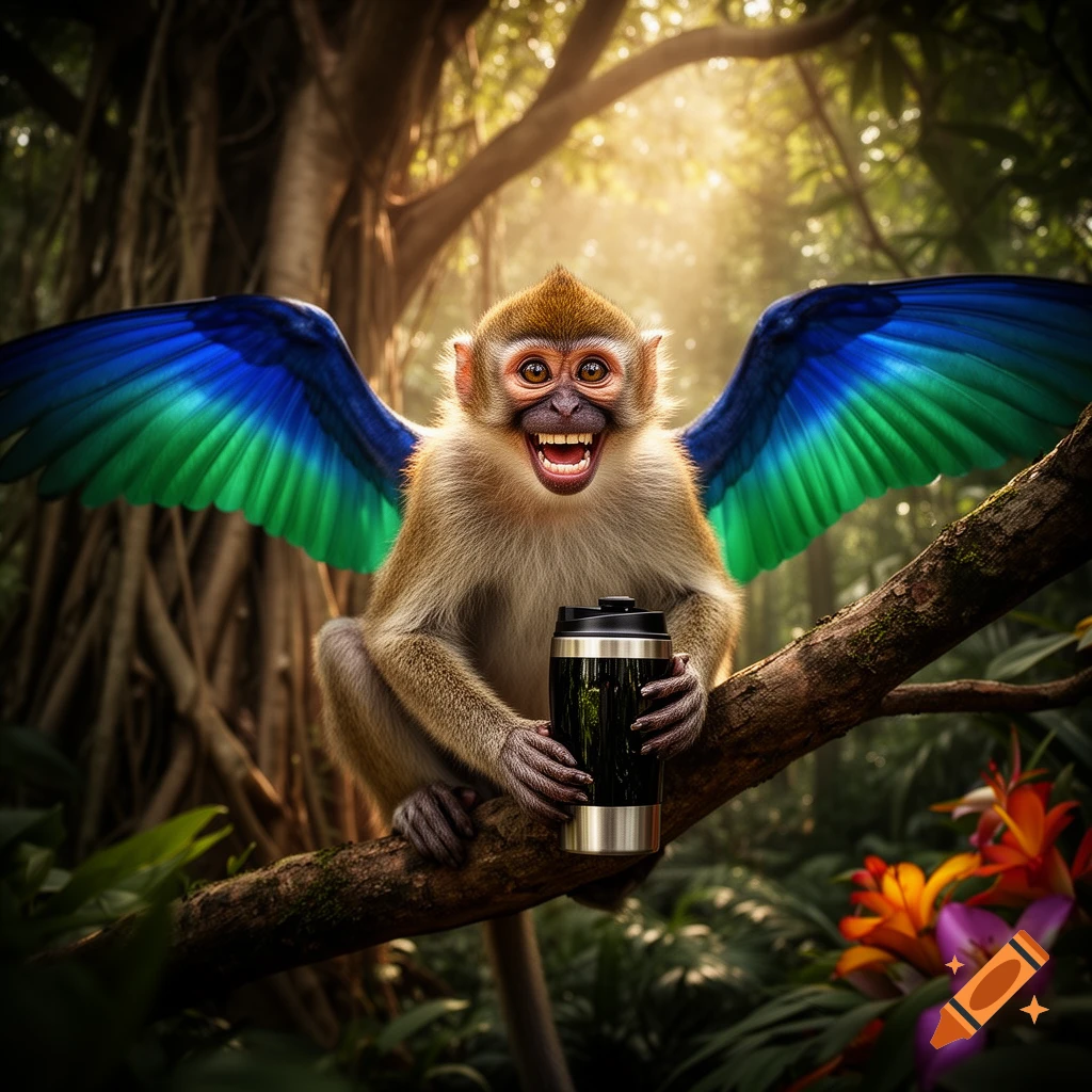 A smiling winged monkey with big teeth sits on a tree branch in a lush jungle, holding a black and silver travel mug.