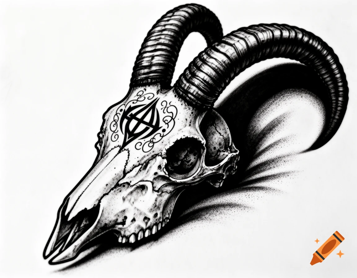 A black and white tattoo-style illustration of a goat skull with large curved horns and an intricate symbol on its forehead.