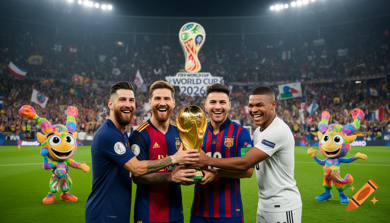 Four smiling soccer players, including Lionel Messi and Kylian Mbapp , hold the World Cup trophy on a field with mascots and a "FIFA World Cup 2026" logo.