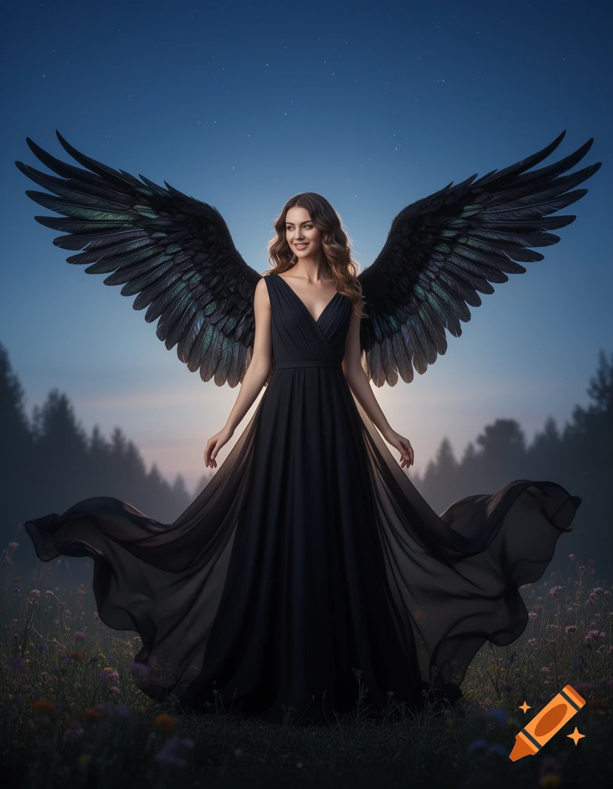 A smiling woman in a black flowing dress with large black wings stands in a field of wildflowers under a starry night sky.