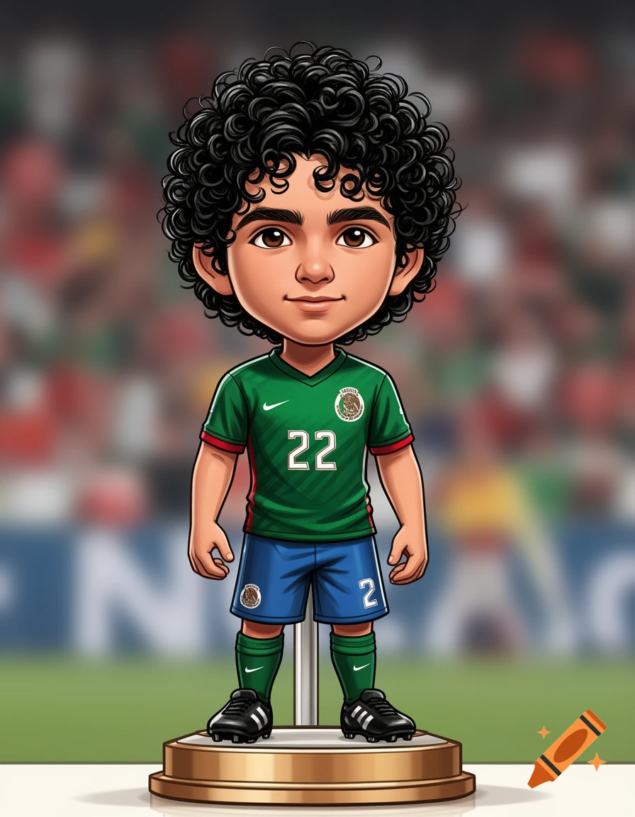 A cartoon action figure of a boy with curly black hair, wearing a green Mexican soccer jersey with "22" and blue shorts with "2", standing on a bronze base in a stadium.
