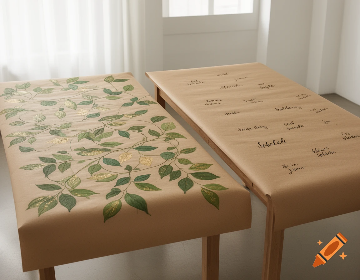 Two tables covered in brown kraft paper, one with painted green and gold leaves, the other with handwritten German text.