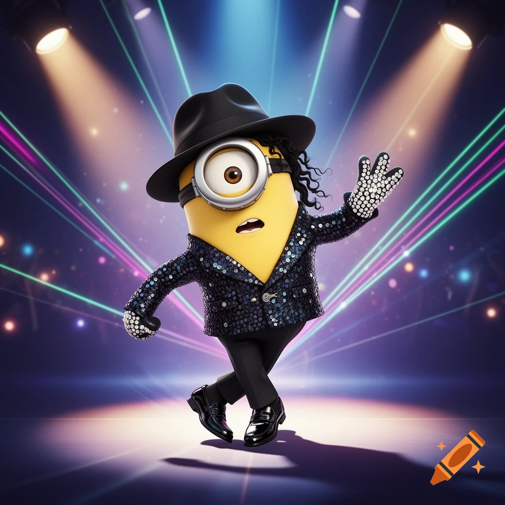 A Minion character dressed as Michael Jackson in a sequined jacket and fedora, dancing on a stage with colorful laser lights.