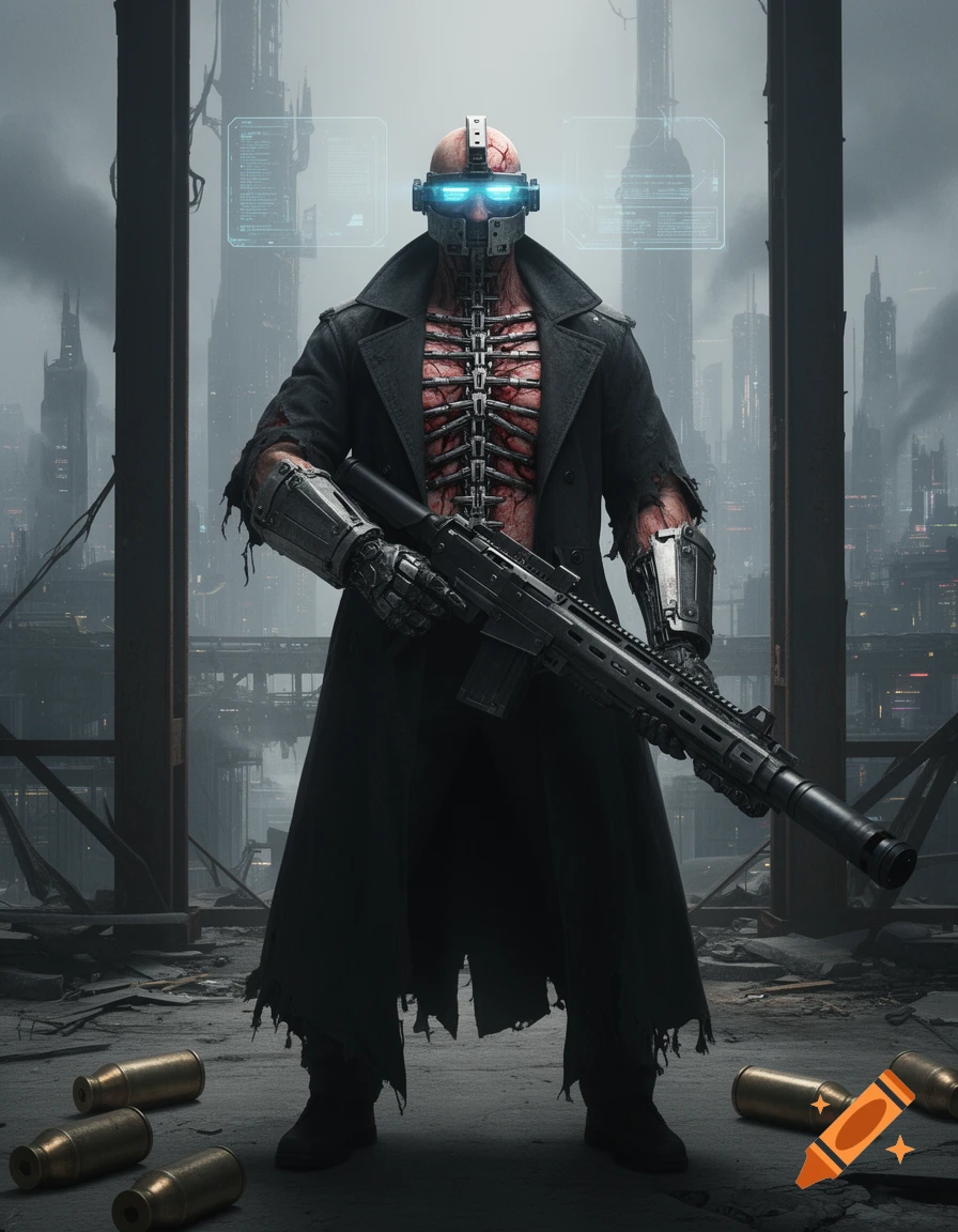 A dark cyberpunk warrior with an exposed, metallic spine, glowing visor, and oversized rifle stands in a ruined city. Bullet casings litter the ground.