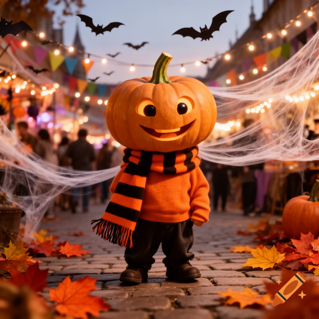 A friendly jack-o-lantern character in a sweater and scarf stands in a festive Halloween street market with string lights, bats, and fall leaves.