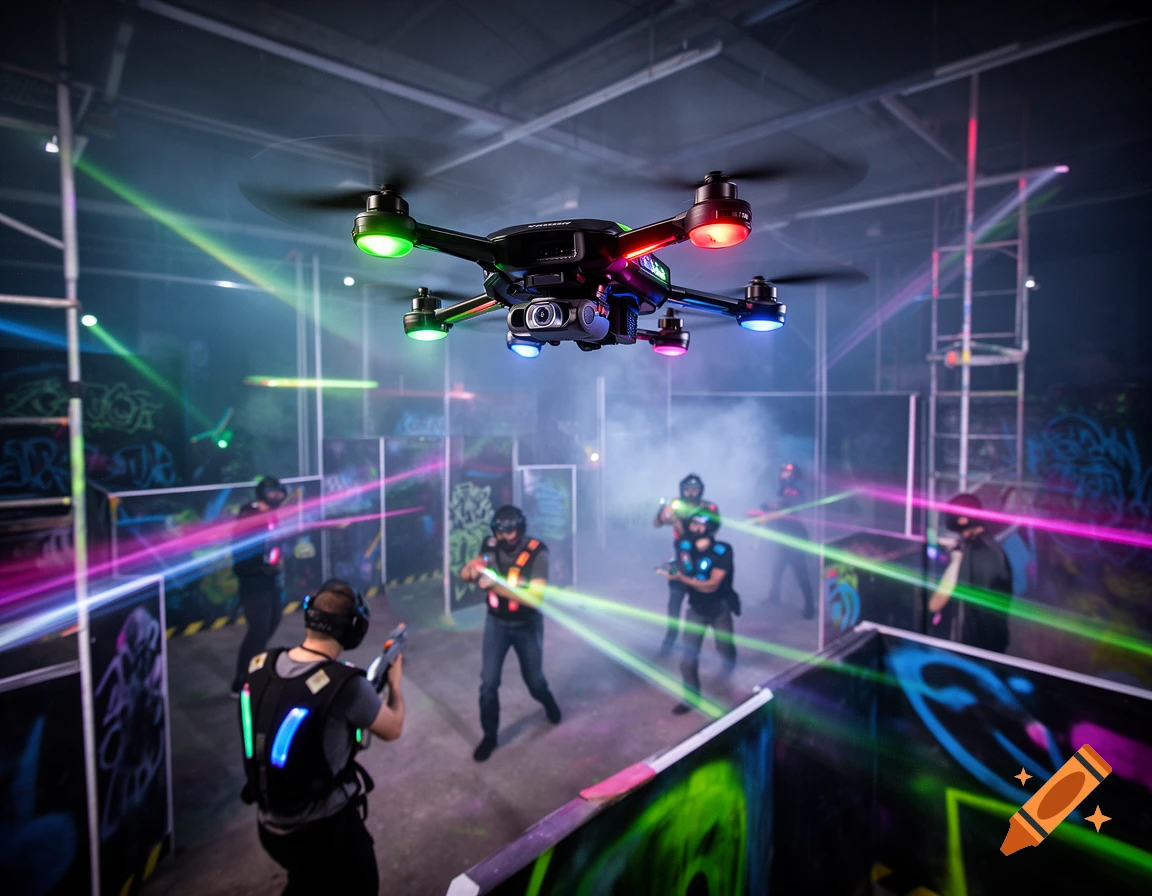 A drone hovers over people playing laser tag in a dark arena with colorful laser beams and smoke, graffiti on walls.