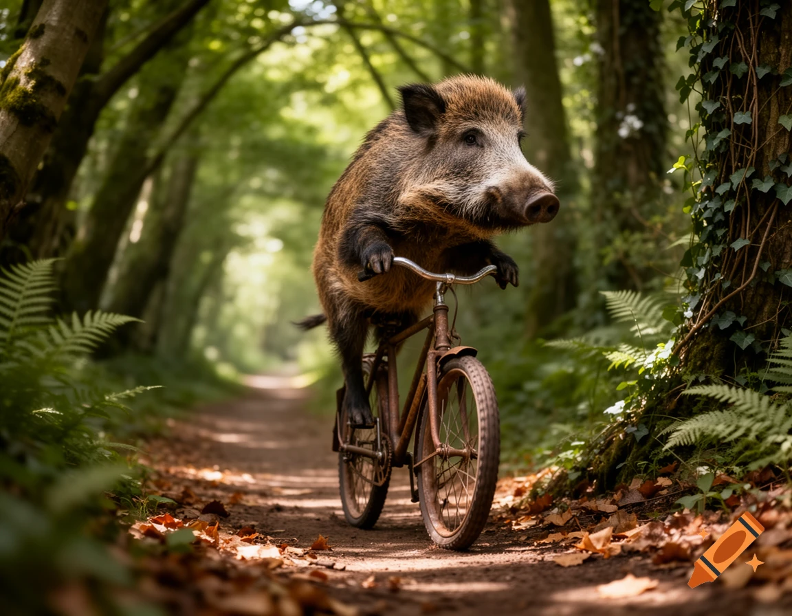 A photorealistic wild boar rides a rusty bicycle down a sun-dappled forest path lined with green trees and fallen leaves.