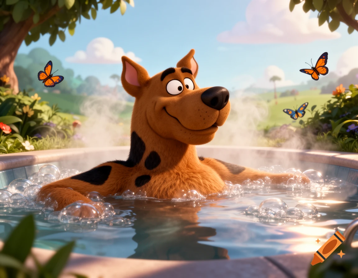 Scooby-Doo relaxing chest-deep in a bubbly outdoor hot tub, surrounded by butterflies in a 3D animation style.