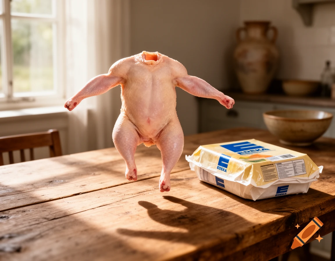 A headless, raw chicken with muscular arms and legs jumps on a rustic wooden table, next to an EDEKA branded food package in a sunlit kitchen.