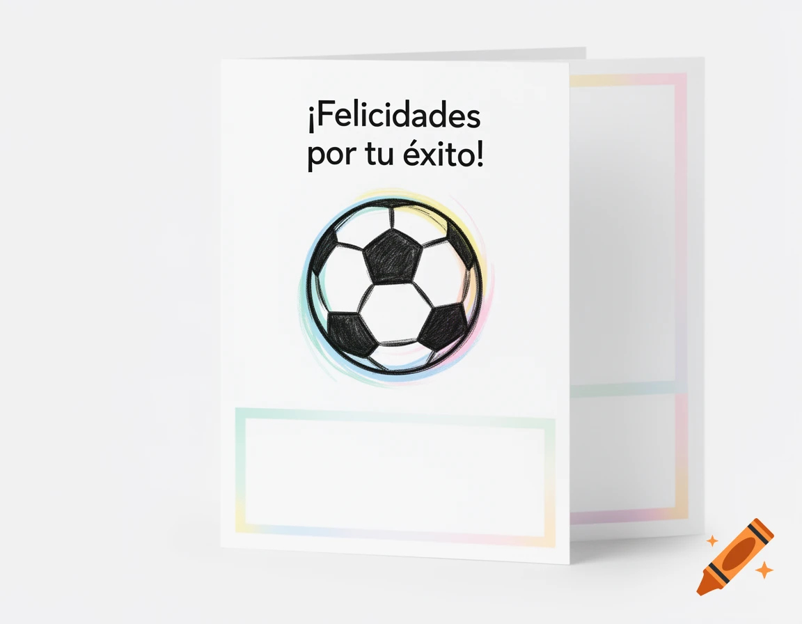 White greeting card with '¡Felicidades por tu éxito!' and a stylized sketch of a soccer ball.