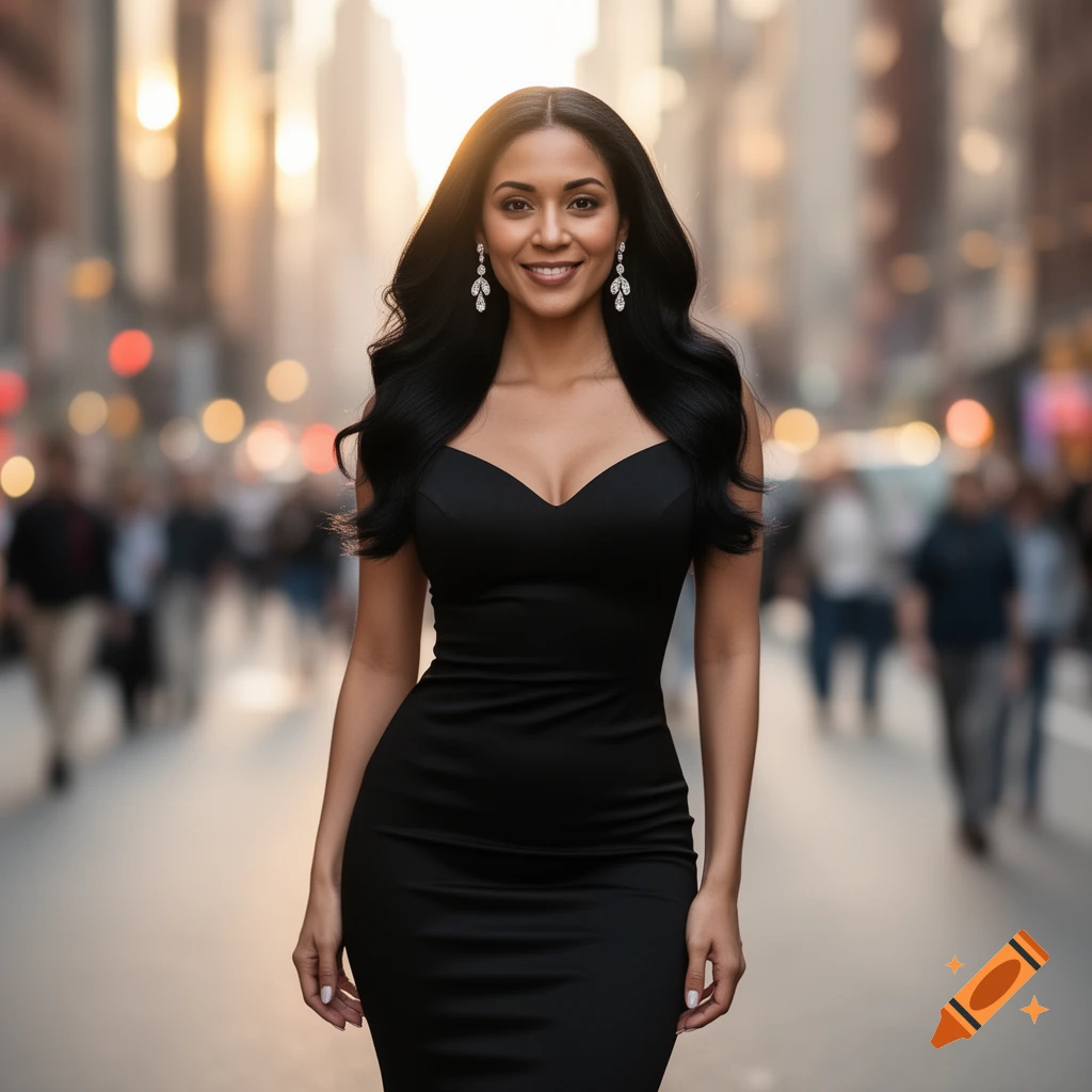 Photorealistic portrait of a smiling woman in a black dress standing on a city street with blurred lights at sunset.