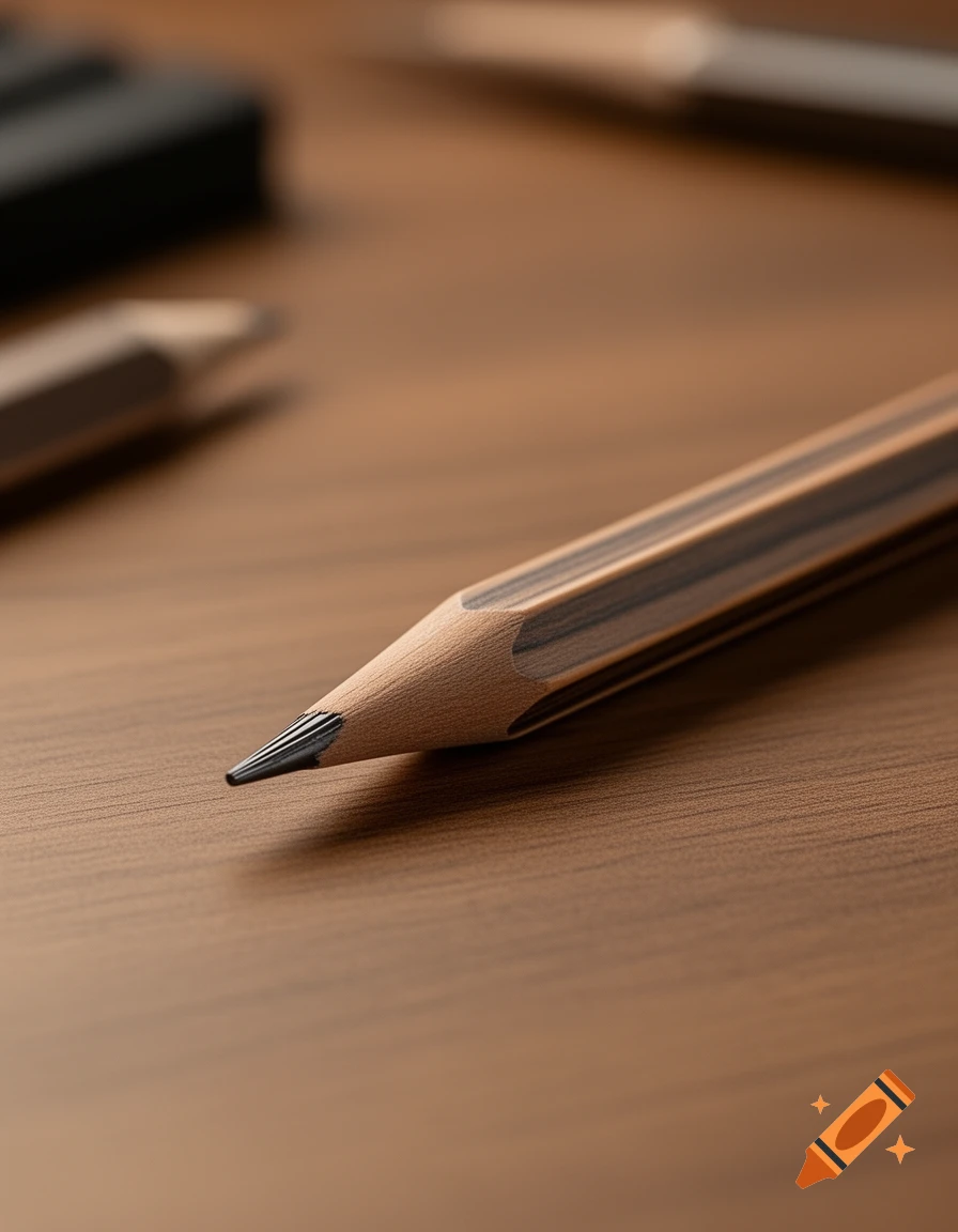 Close-up photorealistic shot of a sharpened wooden pencil on a brown wooden desk.