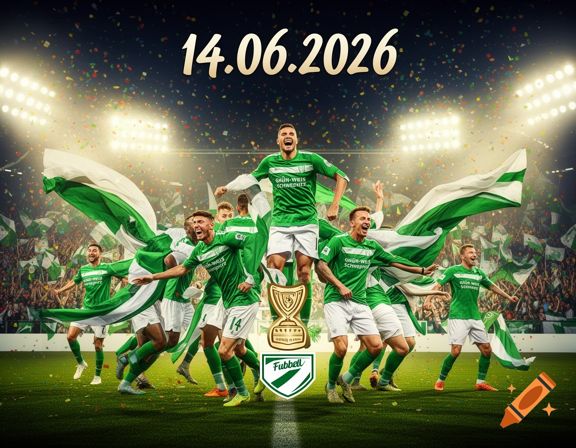 Football players in green and white uniforms celebrate on a field under stadium lights with confetti, holding flags, and a trophy, with the date 14.06.2026 overhead.