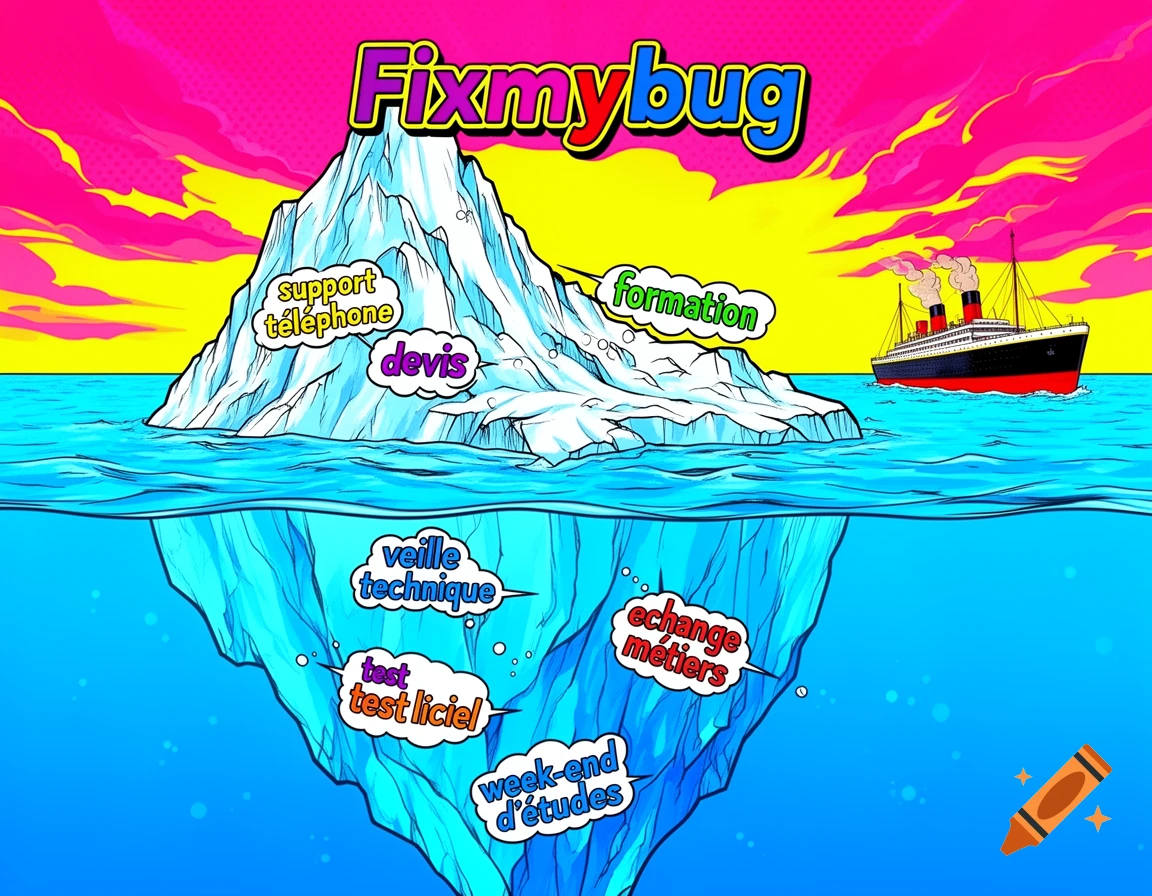 Vibrant pop art illustration of an iceberg titled 'Fixmybug', with text bubbles listing services above and below water, and a ship resembling the Titanic.