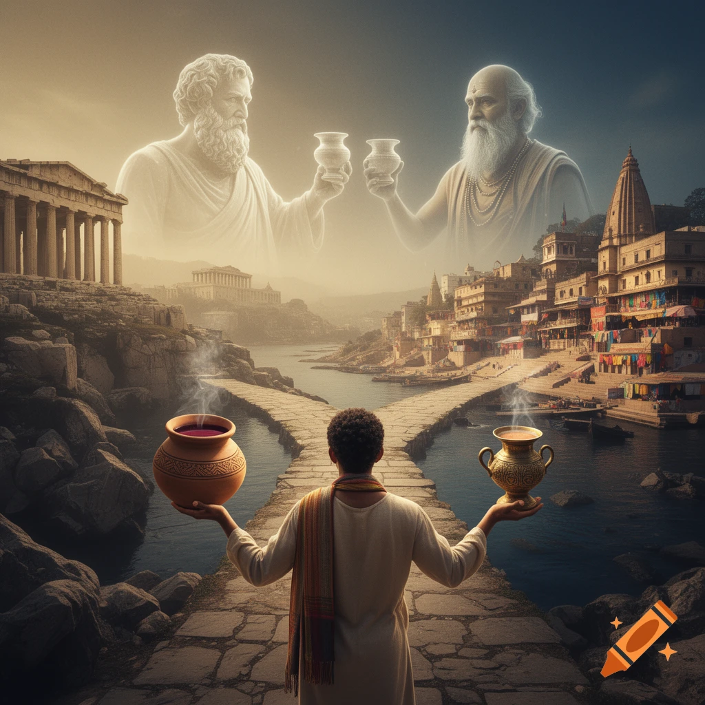 A figure at a river crossroads holds two vessels, gazing at ghostly Socrates and a Hindu sage, with Greek ruins and Indian ghats.