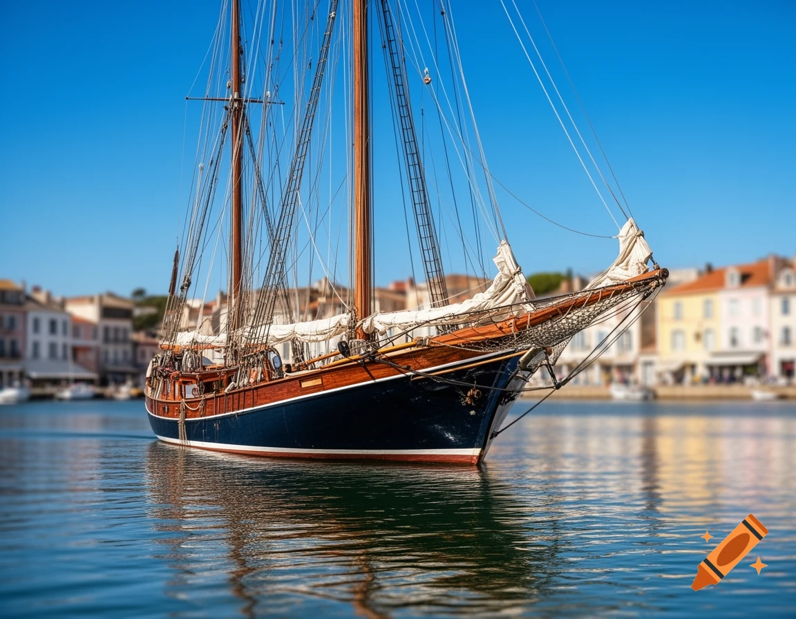 A large, traditional wooden sailing ship with dark blue hull and brown masts docked in a vibrant harbor, under a clear blue sky.
