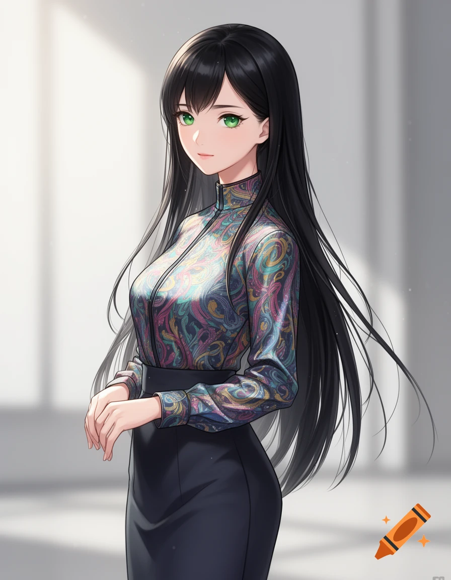Anime-style woman with long black hair, green eyes, in a colorful patterned turtleneck and black skirt.