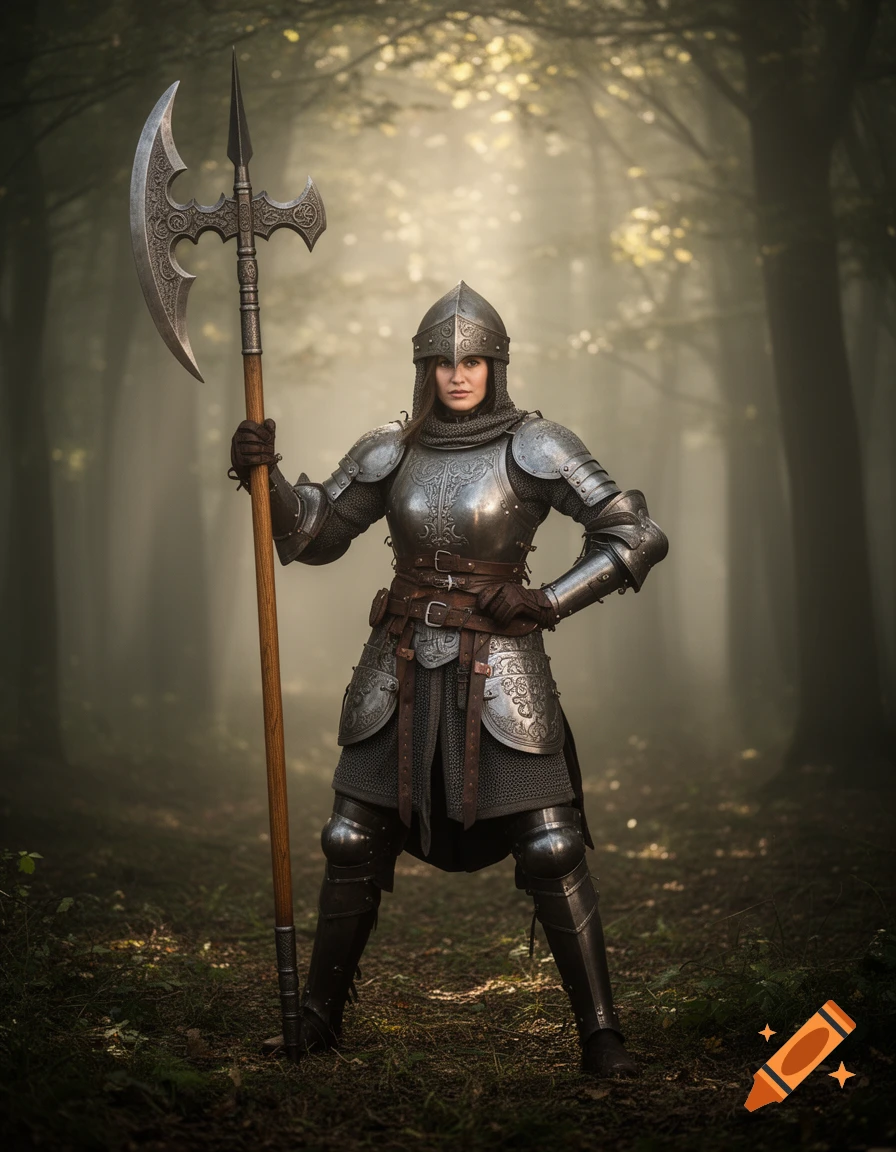Photorealistic image of a woman in detailed medieval armor holding a large halberd, standing in a foggy forest.