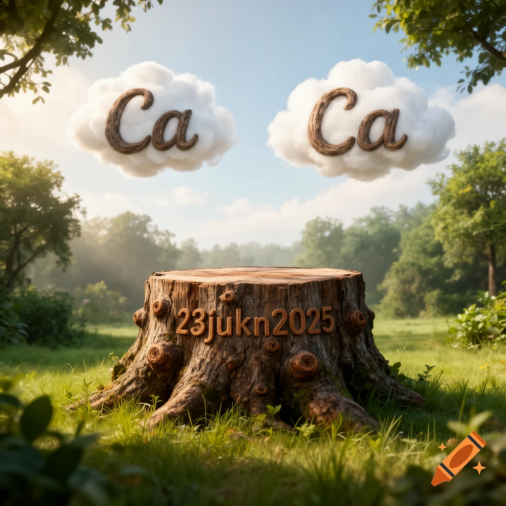 A whimsical clearing with a tree stump engraved with '23jukn2025' and two clouds spelling 'Ca' in a realistic children's book style.