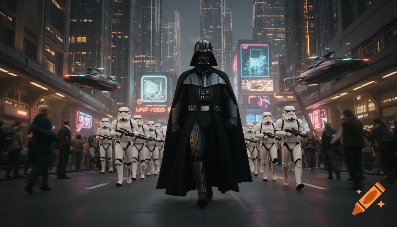 Darth Vader and Stormtroopers march through a futuristic city street with neon signs and flying vehicles.