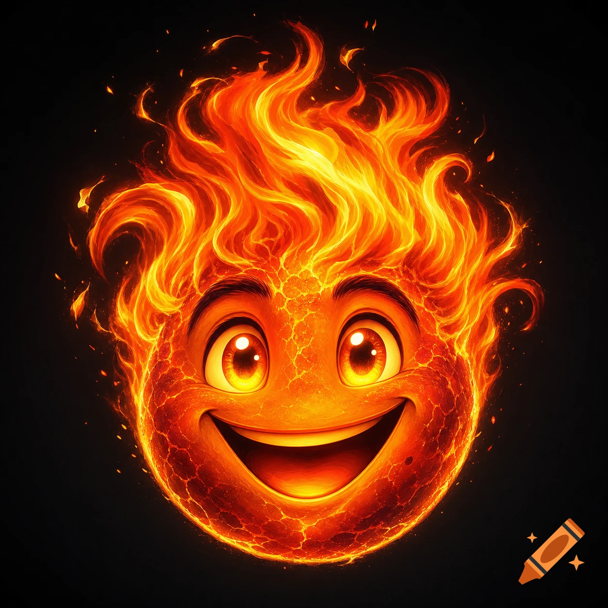 A cartoon character with a head made of glowing embers and fiery hair, smiling happily on a black background.