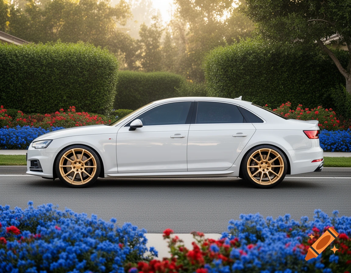 A white Audi S4 with champagne gold wheels is parked on a road lined with colorful flowers and green bushes under soft sunlight.