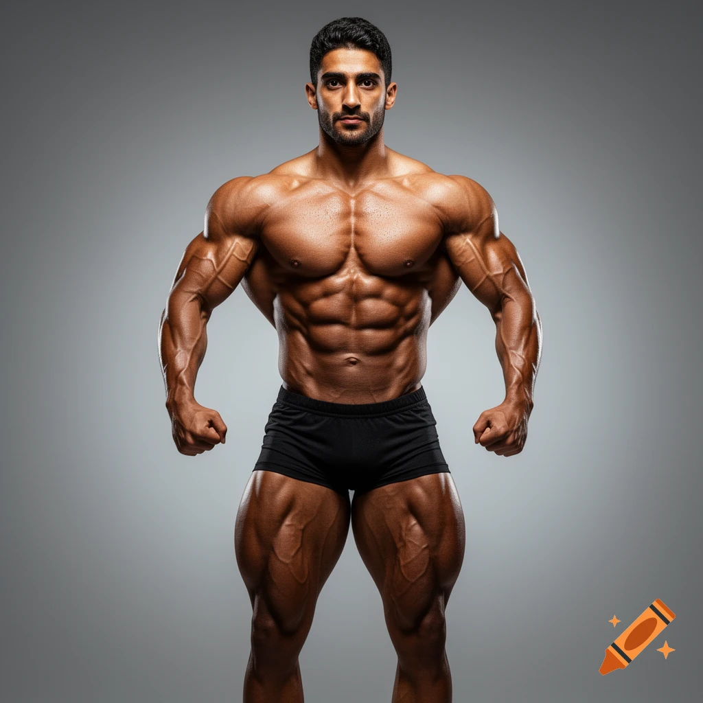 A muscular male bodybuilder with defined abs and veins, flexing in black posing trunks against a gray background.