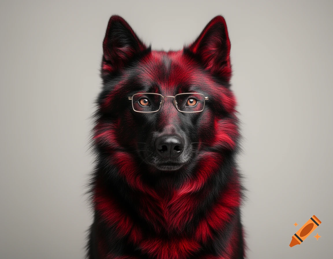 A black and red furry dog wearing small rectangular glasses looks directly forward against a light grey background.