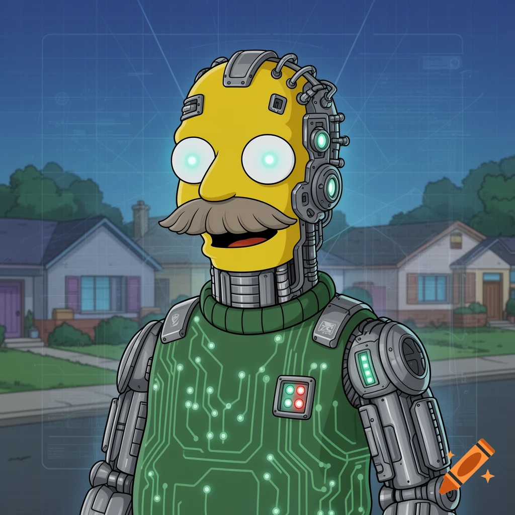 Ned Flanders from The Simpsons depicted as a cyborg with glowing eyes, metallic limbs, and a green circuit board sweater, in a cartoon style.