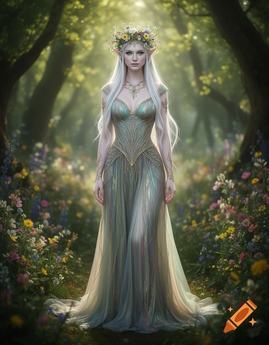 A beautiful elven queen with long white hair and a flower crown stands in a magical forest path filled with wildflowers, bathed in sunlight.