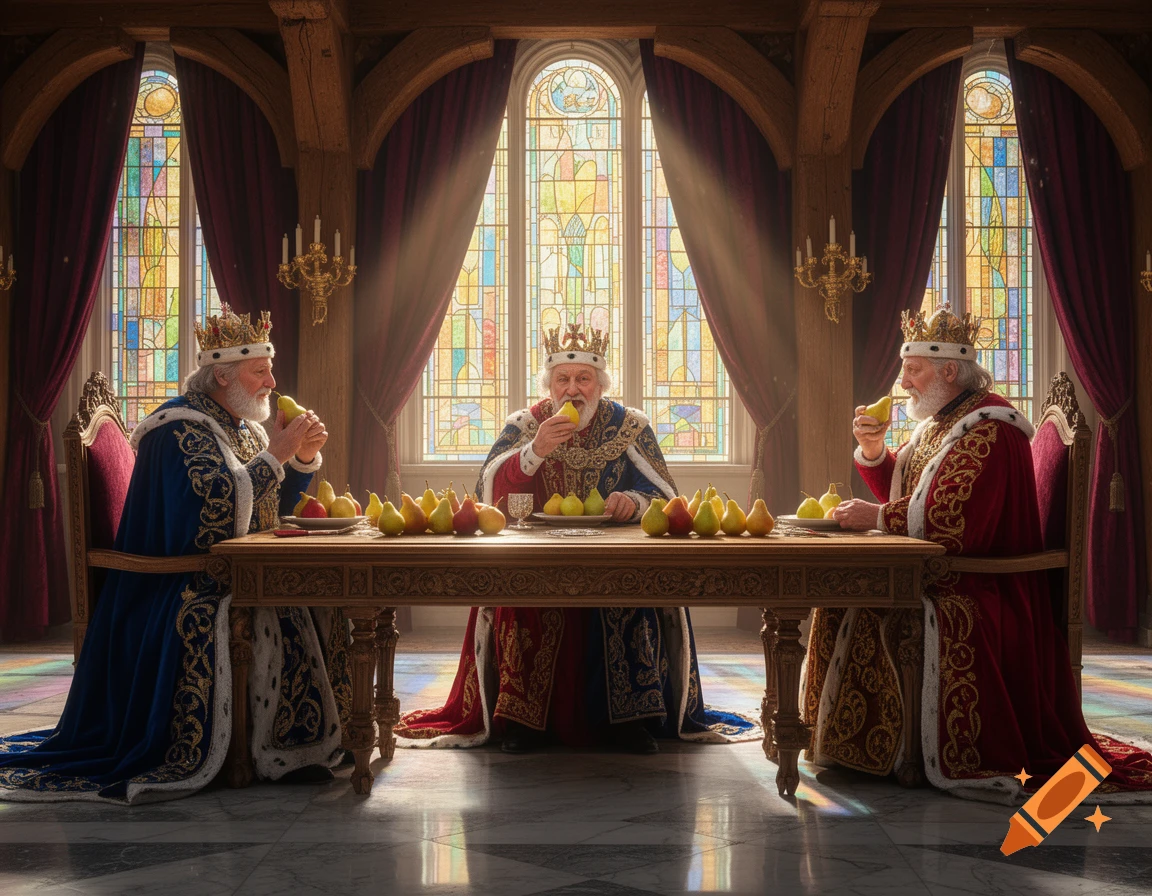 Three kings in ornate robes and crowns sit at a long wooden table, eating pears, in a grand hall with stained glass windows.