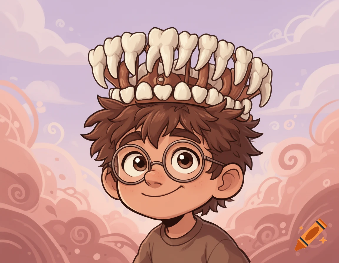 A cartoon boy with scruffy brown hair and round glasses smiles while wearing a crown made of teeth.