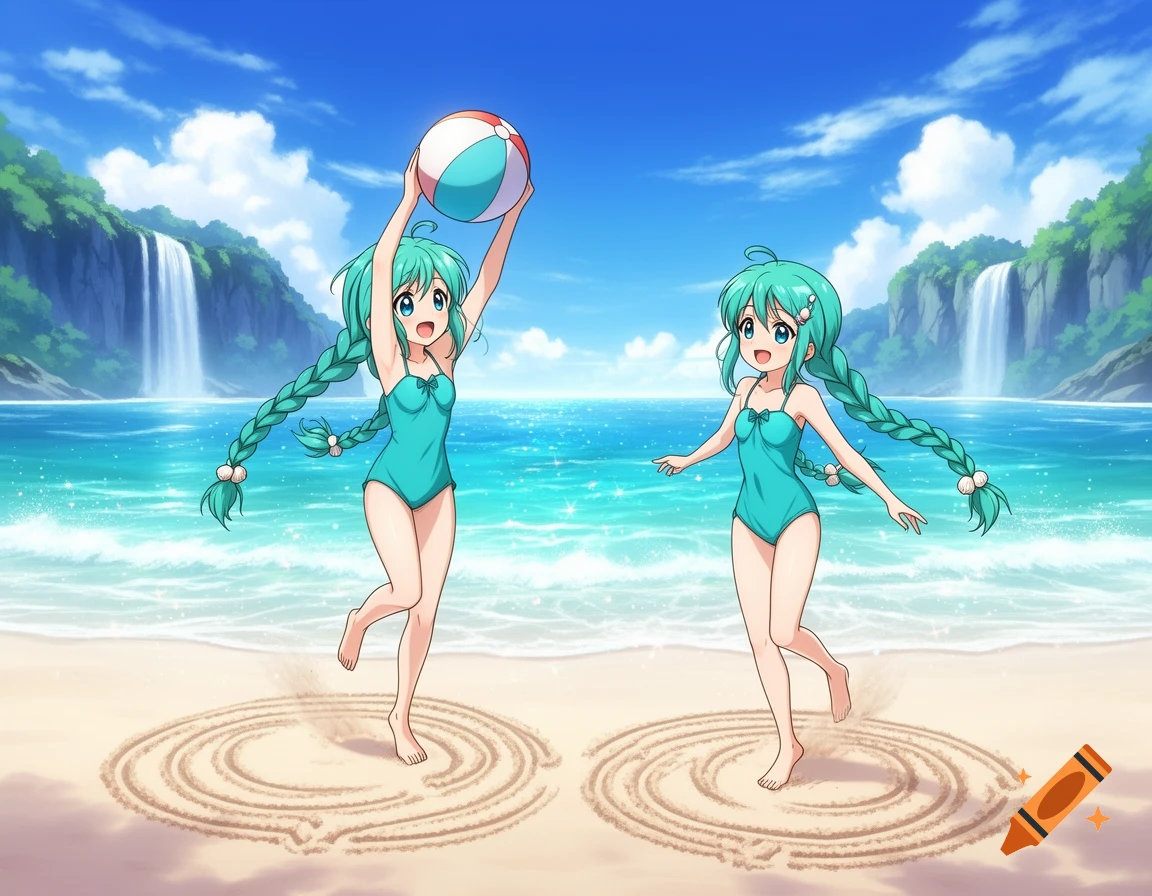Two anime twin girls with long teal braids in teal swimsuits play with a beach ball on a sandy beach with ocean and waterfalls.