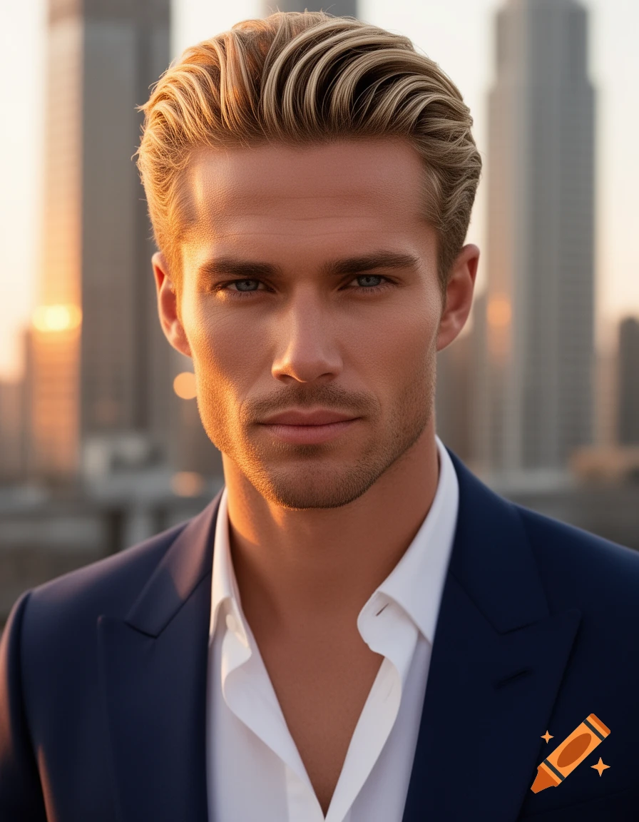 A handsome man with blonde hair and blue eyes, wearing a navy suit and white shirt, stands against a city skyline at sunset.