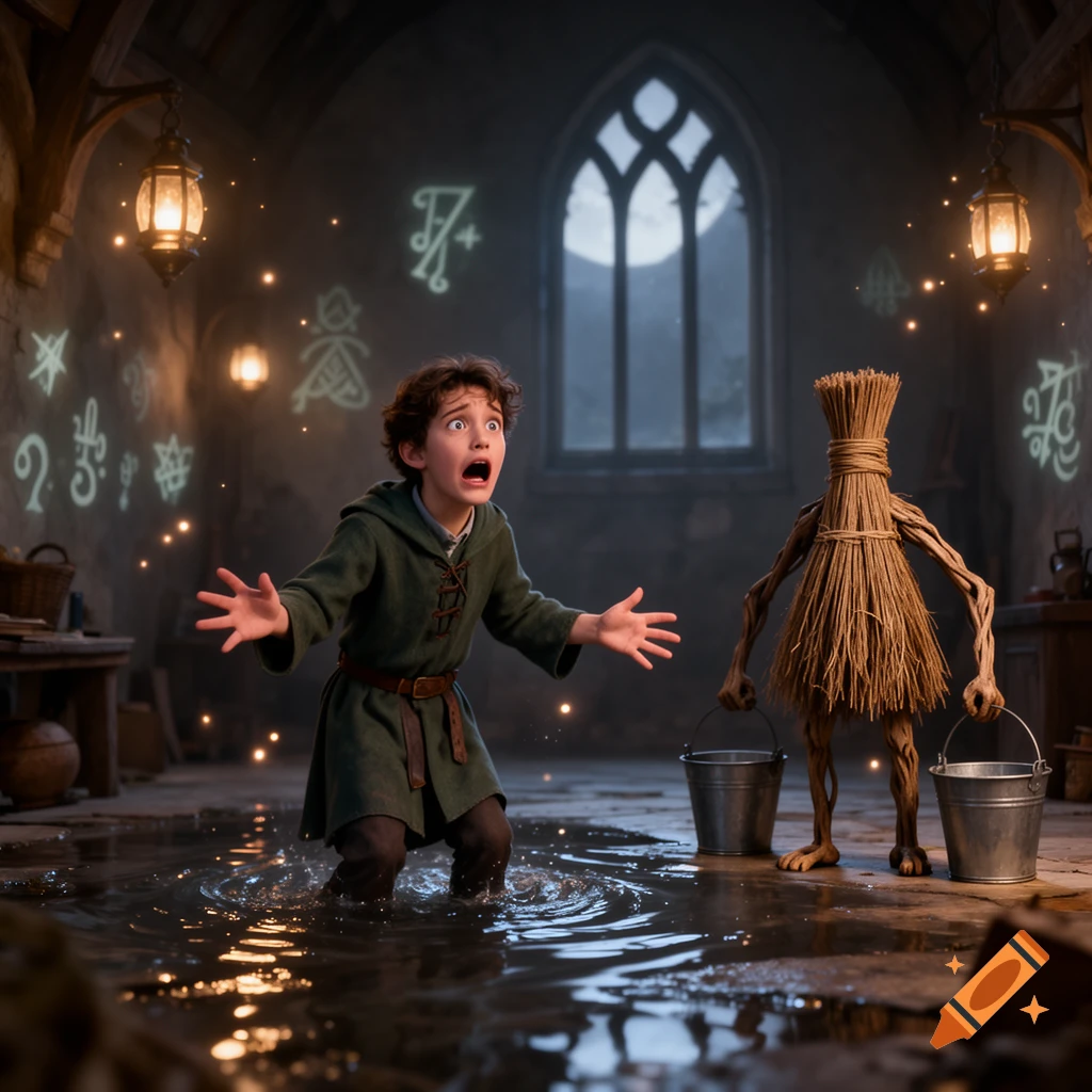 A terrified young sorcerer's apprentice stands in a flooded room with glowing magical runes on the walls, staring at an animated straw broom carrying two buckets.