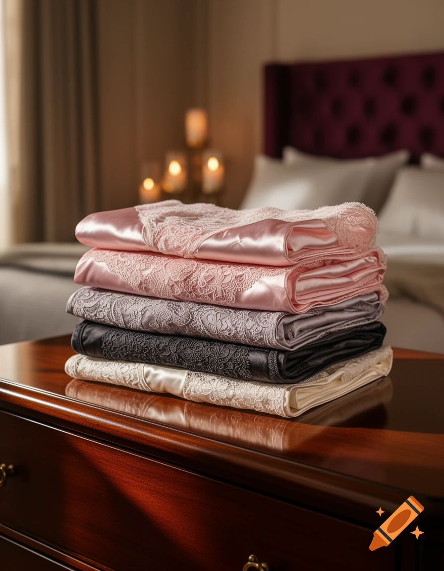 Folded satin and lace lingerie in shades of pink, grey, black, and white stacked on a wooden dresser in a bedroom.