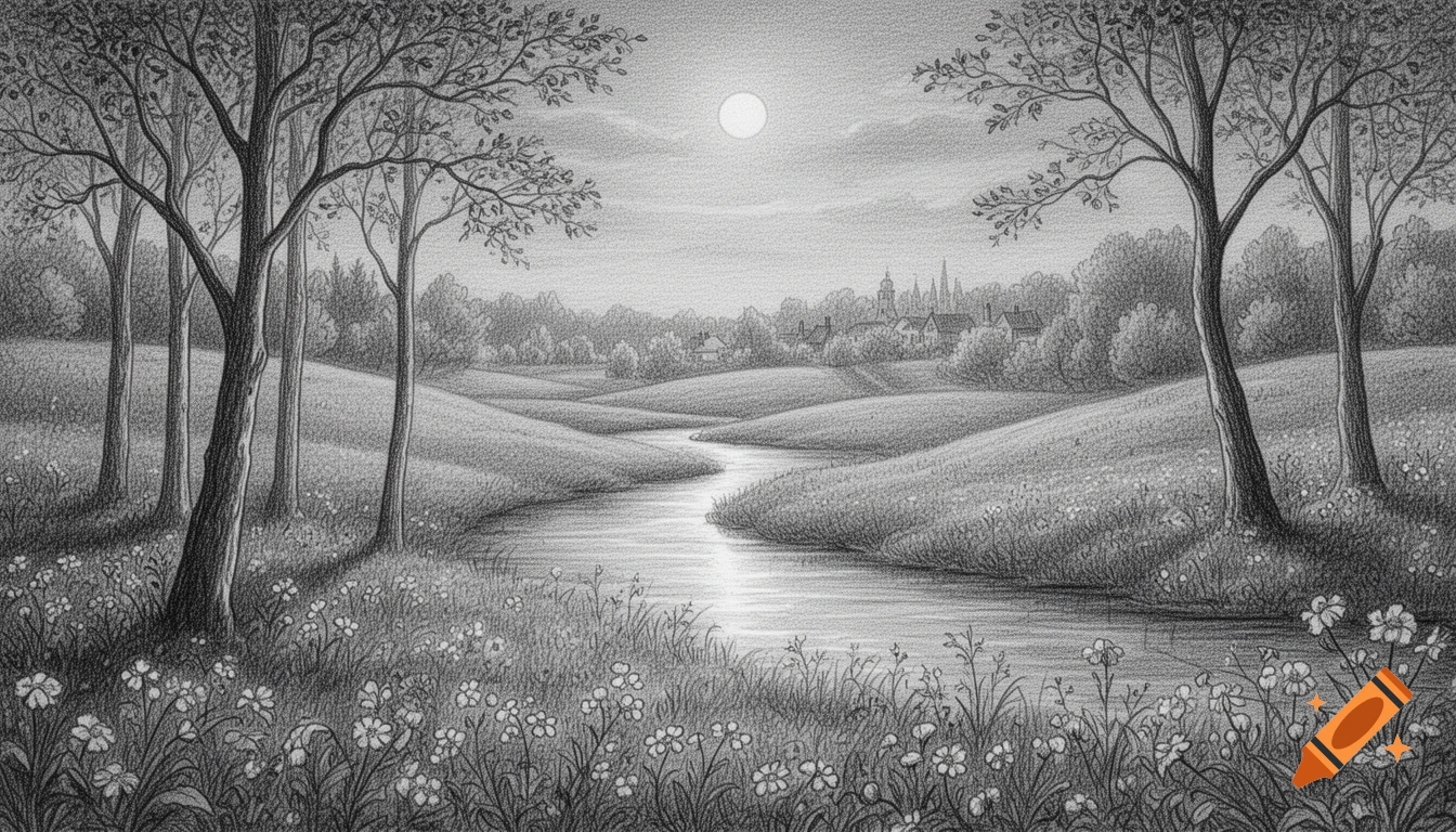 A moonlit pencil sketch of a winding river flowing through a grassy valley with trees and a village in the background.