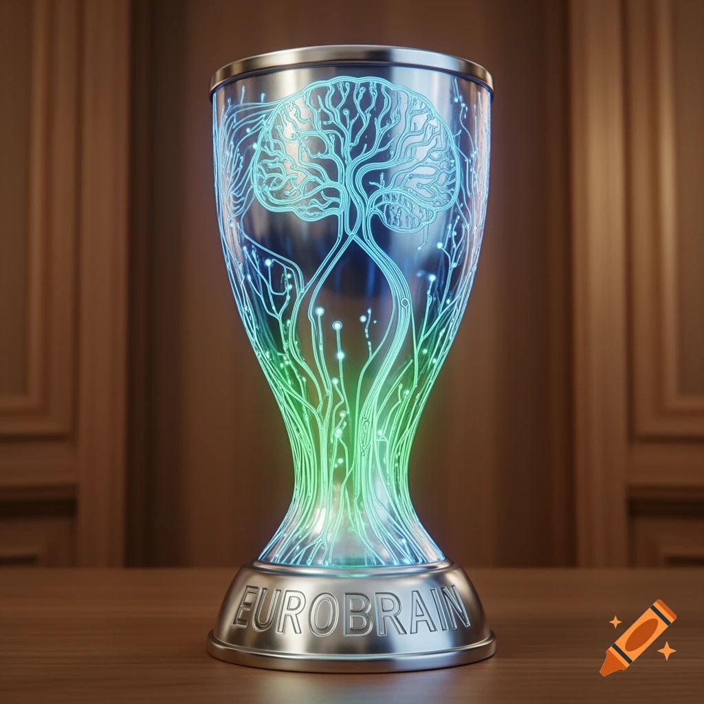 A photorealistic shiny metal trophy with a glowing blue and green brain and circuit design inside, labeled EUROBRAIN.
