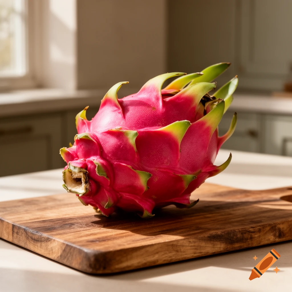 A vibrant pink and green dragon fruit rests on a wooden cutting board in a sunlit kitchen.