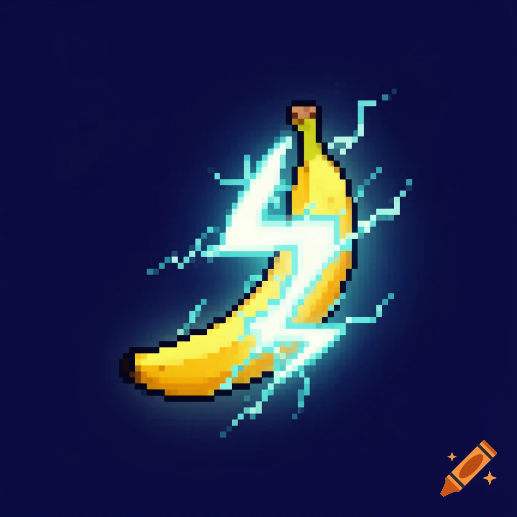Pixel art of a yellow banana with blue lightning bolts around it on a dark blue background.