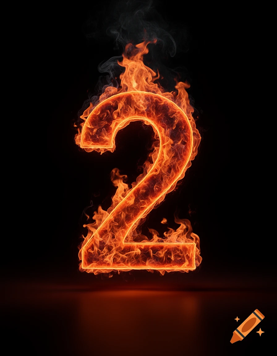 A vibrant orange number 2, engulfed in realistic flames and smoke, stands against a dark black background with a subtle reflection below.