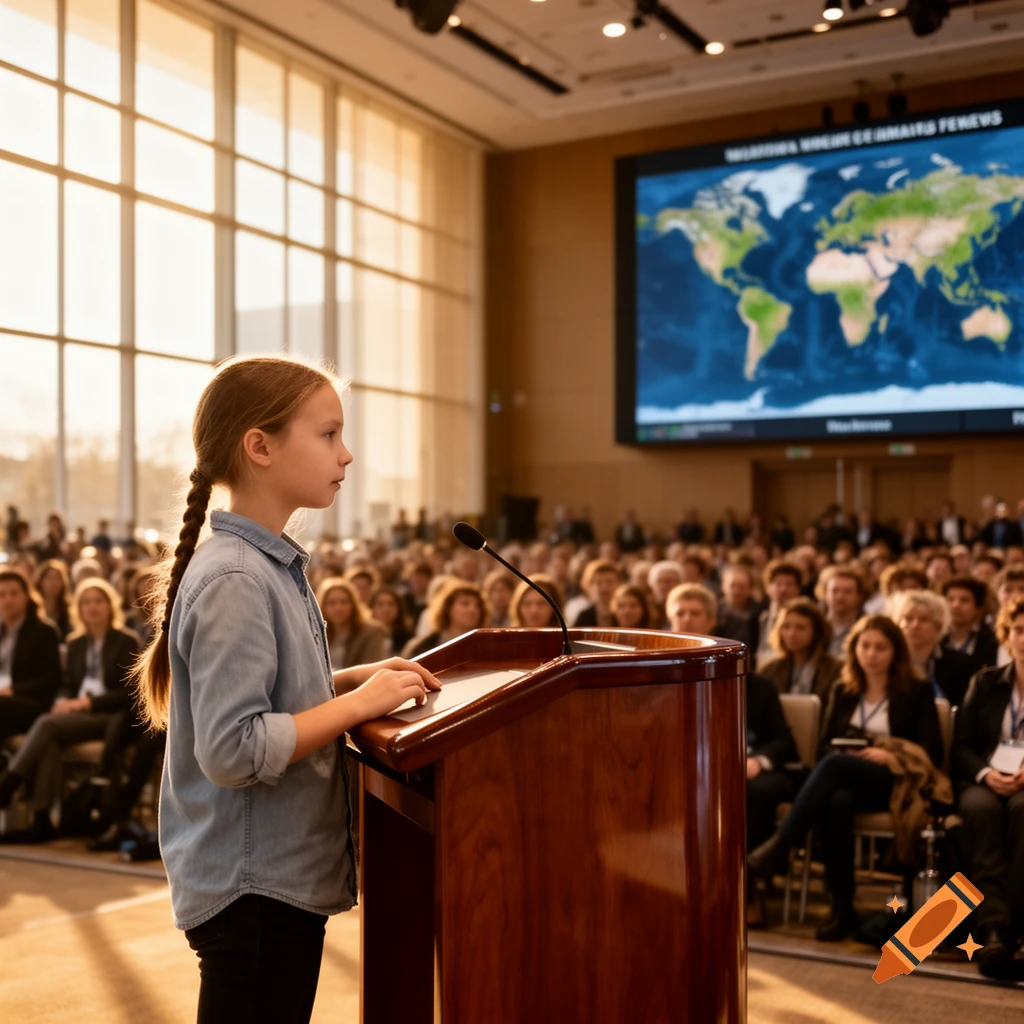 A young girl with braids speaks at a wooden podium to a large audience in a bright conference room, a world map on a screen behind her.