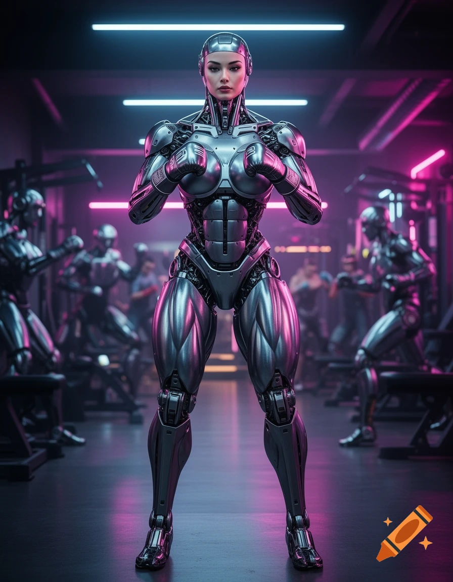 A muscular female robot in boxing gloves stands posing in a neon-lit gym, with other robots in the background.